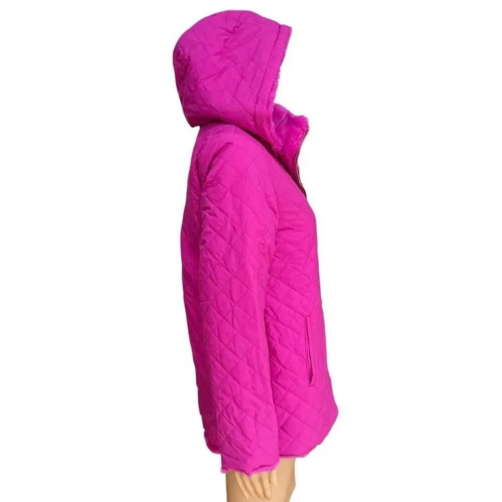 IMAN Faux Fur Coat fuchsia Reversible Hooded Quilted Jacket Womens Sz XS NWOT